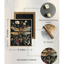 Framed Vintage Botanical Dragonfly Wall Art Dark Green Gothic Nature Dragonfly Flowers Wall Decor Pictures for Living Room Bedroom Home Decoration 8x10in