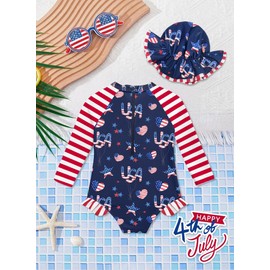 BOMDEALS Baby Girl 4th of July Swimsuit - Kids One Piece Bathing Suit with Hat Long Sleeve Rash Guard American Flag Swimwear(Navy,12Months,1532b)