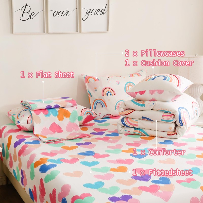 DORCAS Rainbow Bedding Set Twin,6PCS Twin Bedding Sets for Girls,Love