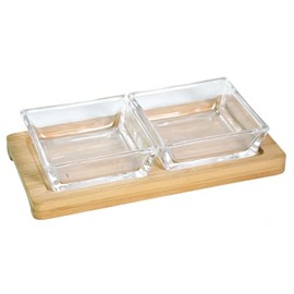 Glass Serving Dish Set with Wooden Stand, 2-Section Compartment Tray, Square Serving Bowls, Chips and Dip Serving Platters with Wooden Tray, Divided Serving Tray for Snacks, Berries, Dessert, Clear