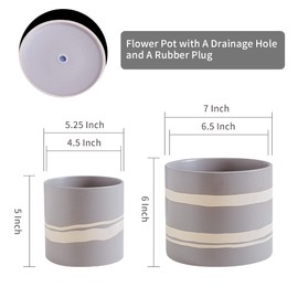 Nihow Modern Ceramic Plant Pot - 5 + 7 Inch Flower Pot for All Indoor Plants - Sturdy Planter Pots with Drainage Hole & Rubber Plugs - Semi-Matte Gray & Nature - Plants Not Included