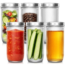 INSETLAN 24 oz Ribbed Wide Mouth Mason Jars, 6 Pack Glass Canning Jars with Airtight Metal Lids and Bands, Glass Jars for Jam, Honey, Fermenting, Pickling, Overnight Oats, Salad, Fridge Safe