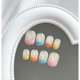 Press on Nails Short Square MABKJLF Petite Fake Nails Colorful French Tip Full Cover Floral False Nails with Designs Glossy Glue on Nails Cute Acrylic Nails Artificial Nails for Women Girls 24 Pcs