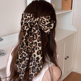 Large Leopard Hair Bow, Silky Satin Bowknot Hair Clip, Oversized Long Tail Hair Ribbon Barrette for Women Girls Ponytail Hair Accessories, Brown