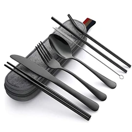 Yotsuba Travel Cutlery Set, 8pcs Portable Stainless Tableware Dinnerware Travel Camping Cutlery Kit Portable Flatware Set Travel Camping Utensil Dinnerware Set with Case (Black)
