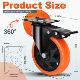 QNCZ Caster Wheels, 5 Inch Heavy Duty Casters Set of 4, Silent Industrial Casters Load 2600lbs, Swivel Casters for Furniture, Workbench and Cart Wheels