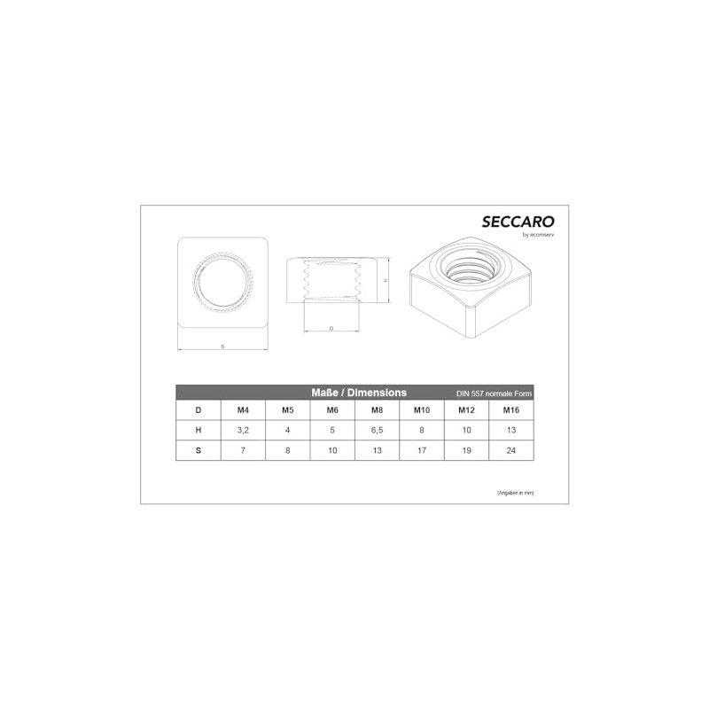 SECCARO 20 x M5 Square Nut Stainless Steel V2A VA