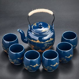 Gift Set Japanese Tea Set, Asian Black Glazed Ceramic Tea Set - Contains 1 Teapot, 1 Tea Strainer and 6 Teacups. Ideal for Home, Outdoor, Office (Blue1)