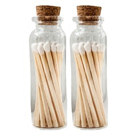 Set of 2. Small Premium Wooden Safety Matches in Glass Vial with Striker - 40 Wooden Matches, 1.9" Tall, Decorative Matches, Matches in a jar with Striker, Candle Accessories - White