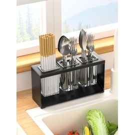 Jaugufiy Countertop Cutlery Drying Holder Cutlery Drainer Tableware Holder Box Tabletop Separated 3 Cups Fork Chopstick Kitchen Storage Cutlery Utensil Organizer (Black)