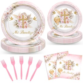 Avezano 96 PCS Baptism Decorations for Girls Pink Mi Bautizo Plates Napkins Forks Tableware Christening Newborn Baby Shower Supplies, Serves 24