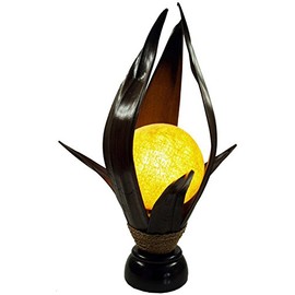 Guru-Shop Palm Leaf Lotus Table Lamp Handmade in Bali Natural Material Palm Wood Model Palmera 1 Decorative Lamp Mood Lamp