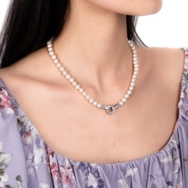 BURLAP LIFE Freshwater Cultured AAAA Quality Genuine Real Pearl Strand Necklace for Women Fine Jewelry Valentine's Day Gifts for Her 16inch 6.5-7.5mm Zircon Circle Buckle
