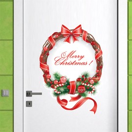 Merry Christmas Wreath Wall Sticker, Peel and Stick Removable Pine Branch Red Ribbon Christmas Wreath Decal for Door Wall Window Refrigerator Party Decoration