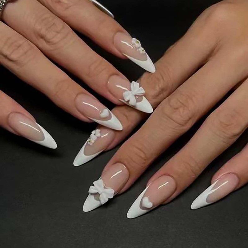 RikView Uñas Postizas Francesas de Presión, Tamaño Mediano, Blancas, Almendradas,