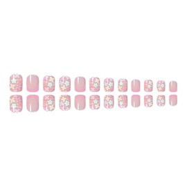 Enppode Pink Press on Nails Short Fake Nails Square Nails with Flowers Design Glossy Full Cover Nails for Women 24 PCS/Set