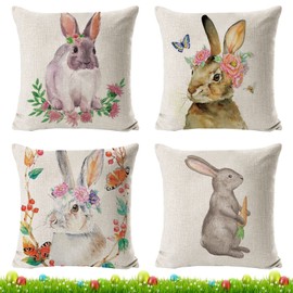Pack of 4 Easter Cushion Covers, Easter Bunny Element Styles, 45 x 45 cm, Easter Decoration, Linen Cushion Cover, Spring Linen Sofa Bed Cushion Cover, Decoration for Living Room, Sofa, Office, Car