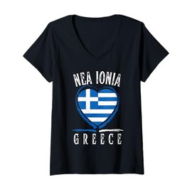 Womens Greece Flag Heart Nea Ionia City V-Neck T-Shirt