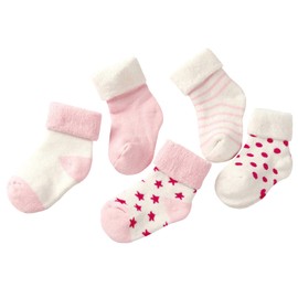 ANIMQUE Children's Baby Socks 0-10 Years Boys Girls Daily Basic Cotton Crew Socks Pack of 5 Student Casual Breathable Comfortable, 5 Pairs Winter Thick Pink