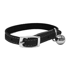 Cat Collar Real Leather with Safety Elastic, Bell, Available (Black)