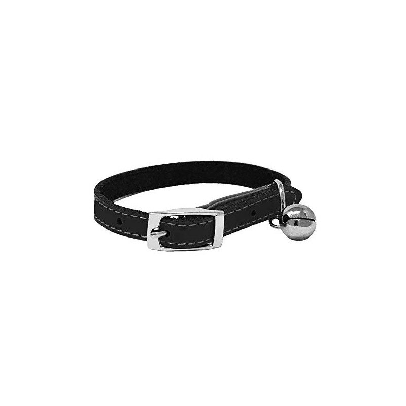 Cat Collar Real Leather with Safety Elastic, Bell, Available (Black)