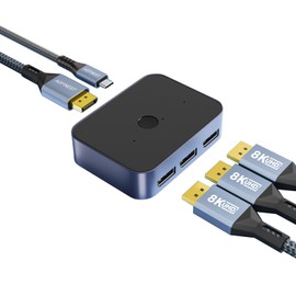 8K DisplayPort 1.4 Switch, AGFINEST DP Switcher 3 in 1 Out, 8K @ 60Hz/4K @ 144Hz Switch, One-Click Switch Supports HDR, DTS,DSD,Dolby Atmos, UHD for PC Monitor Laptop