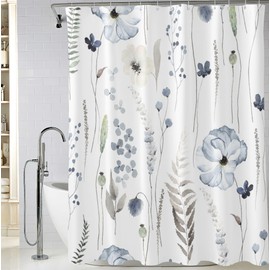 BIVINAR Blue Watercolor Floral Shower Curtain 72 x 72 Inch, Waterproof Fabric Flowers Shower Curtain for Bathroom, Minimalist Wildflower Shower Curtain with 12 Hooks