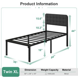 Likelalaso Twin XL Bed Frame with Upholstered Headboard, 18 inch Tall Twin XL Bed Frames, Steel Slat Support, Noise Free, No Box Spring Needed, Easy Assembly, Black