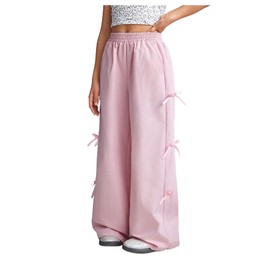 BEAUDRM Girl's Y2k Bow Sweatpants Elastic High Waist Wide Leg Baggy Track Pants Pink 9Y