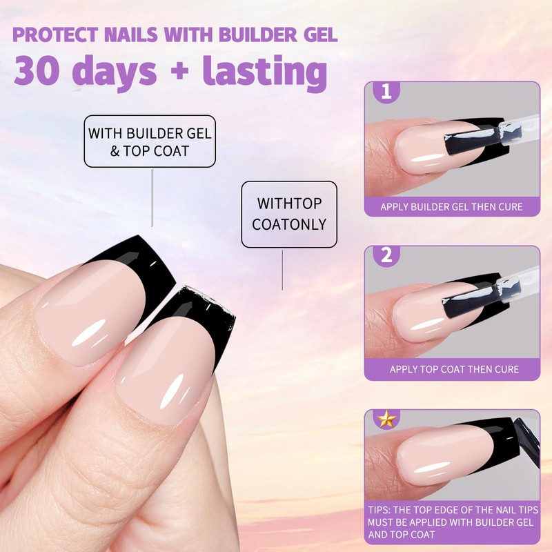 Maigitur Black French Tip Nails - Press On Coffin Shape