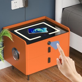 QHRAY Smart Fingerprint Nightstand with Wireless Charging, Fingerprint Side Table,Nightstand with 2 Drawers, with 2 USB & LED Lights Bluetooth Speaker for Bedroom/Living Room (Orange)