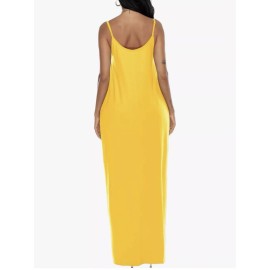 Ofeefan Women's Yellow Spaghetti Strap Maxi Dress Large