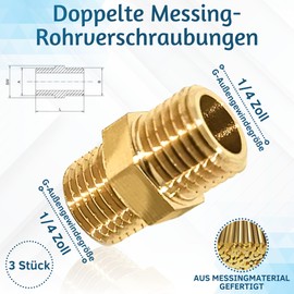 PipeSan Double Nipple 1/4 Inch Brass Male Thread - Pack of 3 Connectors with Double Male Thread and Hexagon, Corrosion Resistant, Thread Fitting for Plumbing, Gas, Oil and Drinking Water