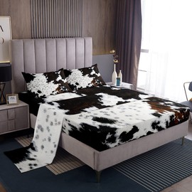 Manfei Cow Fur Sheet Set Twin Size White Black Brown Cowhide Bedding Set for Kids Boys Teens Room Decor Animal Skin Print Bed Sheet Set 3pcs with Deep Pocket Fitted Sheet + Flat Sheet + 1 Pillowcase