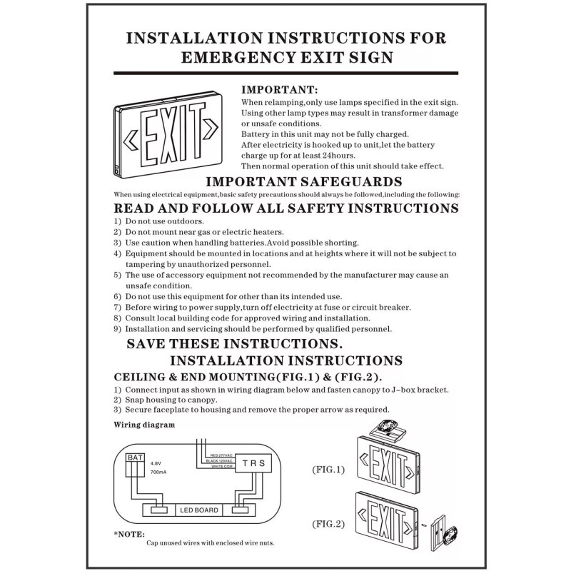 Light Fixture Industries LED Emergency Exit Sign Light - Battery
