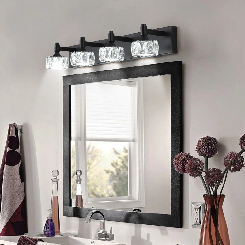 Modern 4-Light Matte Black LED Vanity Light Fixture with Crystal