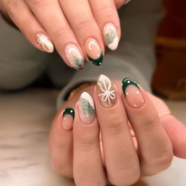 24Pcs Christmas Press on Nails Short Almond Fake Nails Green Xmas French Tip Glossy Glue on Nails Snowflake Christmas Tree Nails Designs Full Cover False Nails Winter Stick on Nails for Women Girls