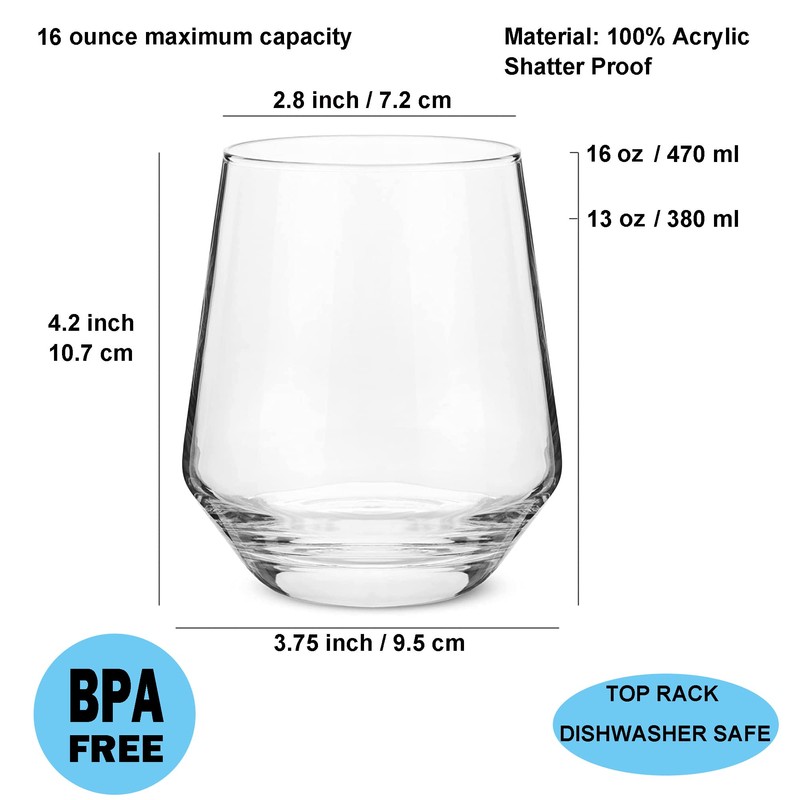 KX-WARE Unbreakable 16-ounce Acrylic Stemless Wine Glasses All Purpose Plastic