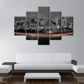TUMOVO 5 Panel Denver Colorado Skyline Wall Art Canvas Print Beautiful Denver Colorado Cityscape at Night Home Decorations for Living Room Black and White Wall Art Framed Ready to Hang (60''Wx 40''H)