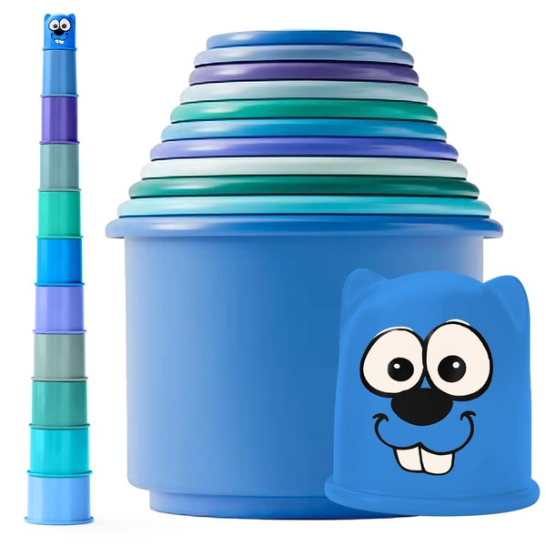KIDSTHRILL Blue Modern Design Set of 11 Stacking Cups, Baby boy Toys & Girls Infants 12 Months & Toddlers 1-3, with Drainage Holes for Baby Bath Toys Tub, Stackable Nesting Sorting Toys