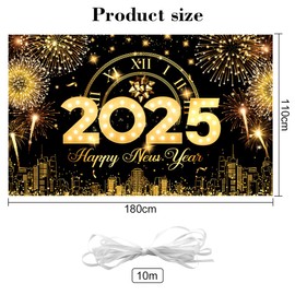2025 New Year's Eve Banner Decoration 180 x 110 cm, XXL New Year Background Banner Black Gold, Happy New Year Banner 2025, for New Year's Eve Decoration 2025