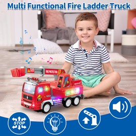 Ynanimery Fire Truck Car Toy for Toddler Kids Girls Boys 3+ Birthday, Kids' Play Trucks with 4D Lights & Music- Automatic Bump Go Technology - Electric Universal Ladder Car