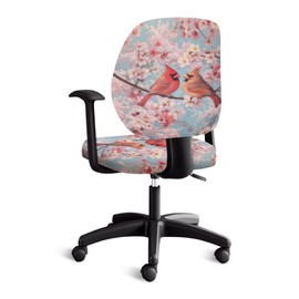 Cadowhimsy Peach Floral Cardinal Bird Print 2 Piece Office Chair Covers for Home Decor Washable Computer Chir Slipcover Desk Chair Protective Covers for Backrest & Cushion