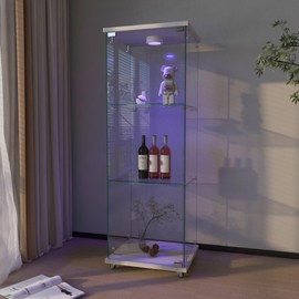 Yoluckea 3-Tier Glass Display Cabinet with LED Lighting, 1-Door Floor Standing Curio Cabinet for Home, Office, or Corner Display, White Glass Bookshelf for Collections and Decor