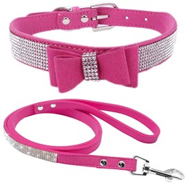 Pimaodog Cute Dazzling Sparkling Elegant Fancy Soft Suede Leather Bling Rhinestone Crystal Jeweled Pet Cat Dog Puppy Collar Dog Leash Combo Set (XS(Neck8-10), Hot Pink-1)