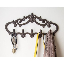 Cast Iron Wall Hanger – Vintage Design with 5 Hooks - Keys, Towels, etc - Wall Mounted, Metal, Heavy Duty, Rustic, Vintage, Decorative Gift Idea - 12.6x5.9”