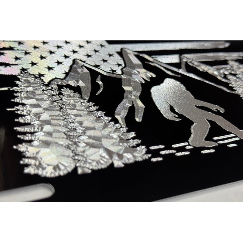 Engraved Big Foot Sasquatch US Flag Car Tag Diamond Etched