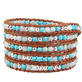 KELITCH Created-Turquoise Bead 5 Wrap Bracelet on Brown Leather