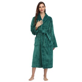 RONGTAI Fleece Robes for Women Plush Soft Warm Long Bathrobe with Pockets - Green - XXL