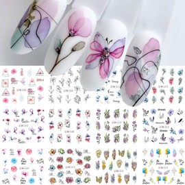Flower Nail Art Sticker Flower Water Ttransfer Nail Stcikers Decal Leaf Floral Nail Design for Women Girls Nail Art Supplies Manicure Decor 12 Sheets (Flower-1)